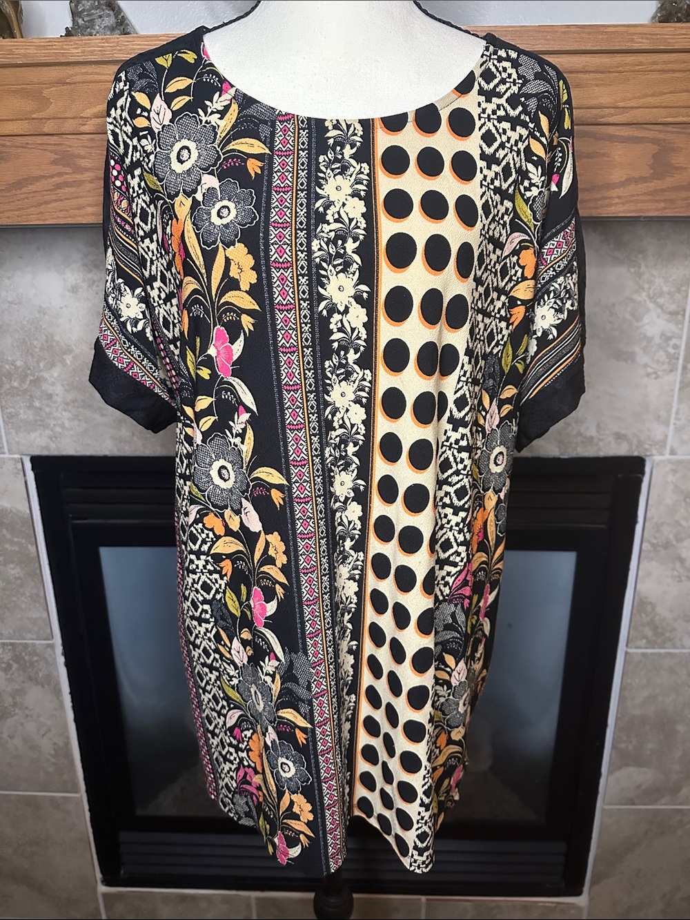 EST. 1946 XL Mixed Print Floral Polka Dot Lace Sleeve Boho Tunic Top